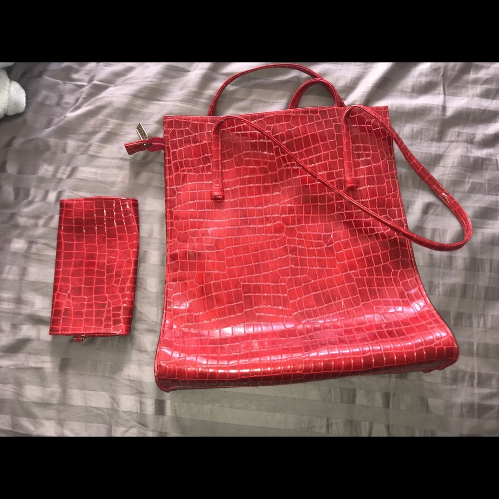 Crocodile red leather bag + wallet